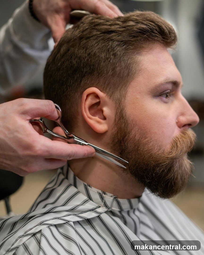 Barber trimming beard