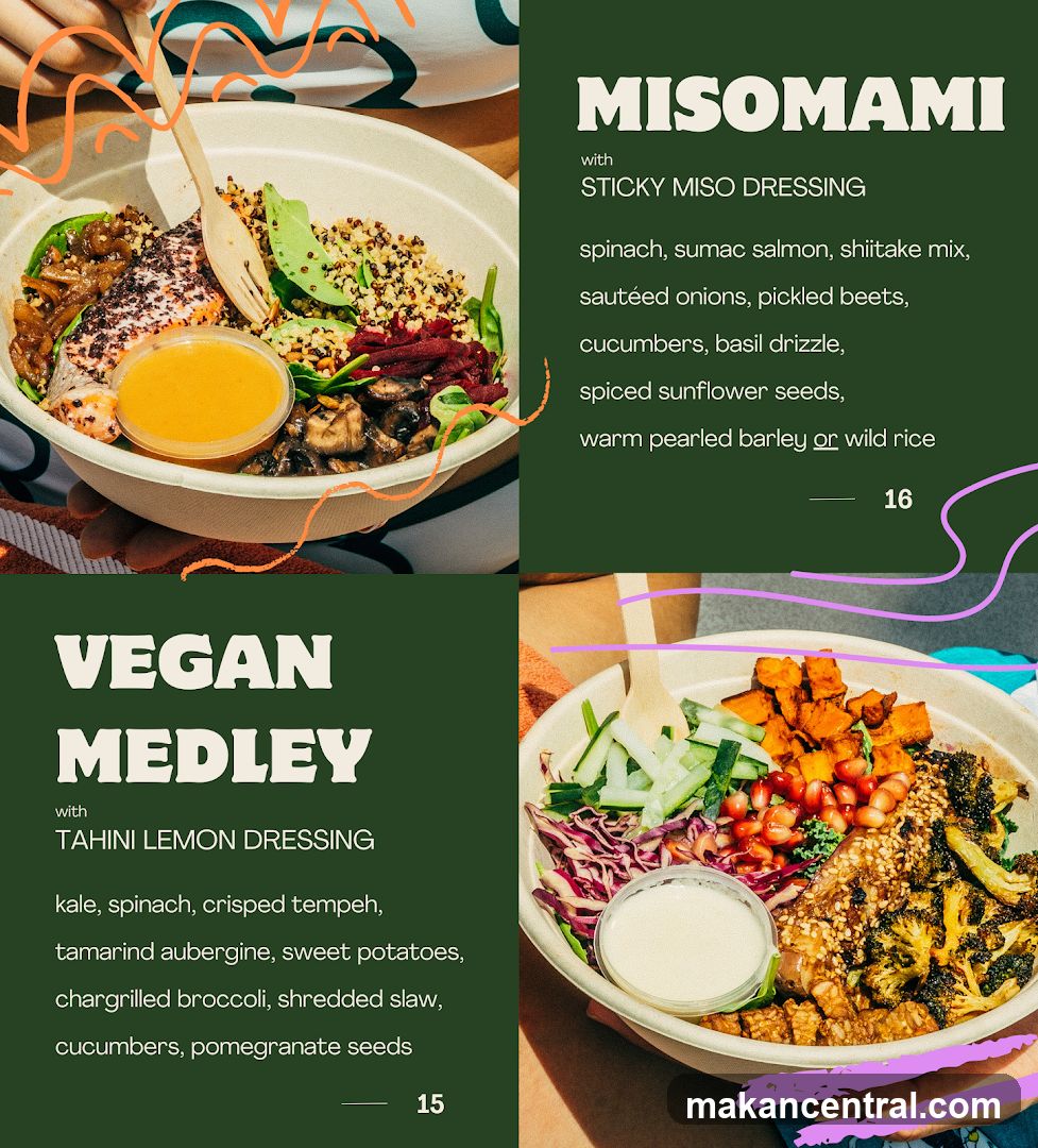 Two bowls of food with descriptions