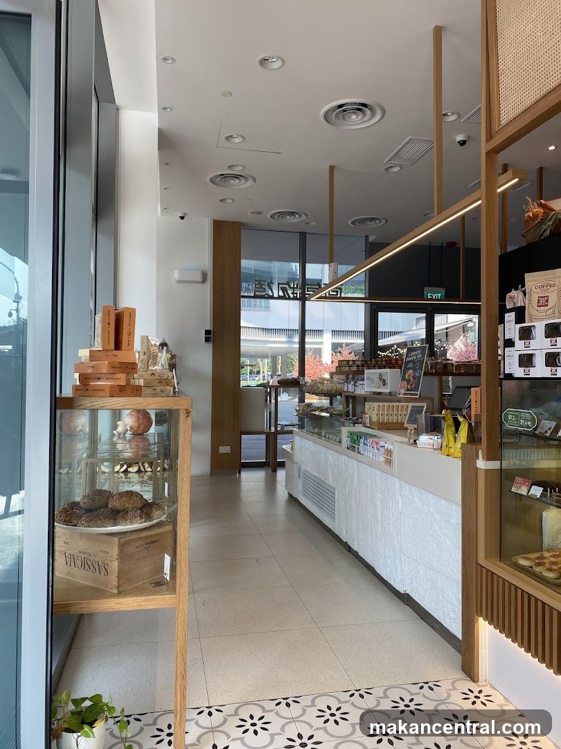 Interior of a bakery with display cases and baked goods