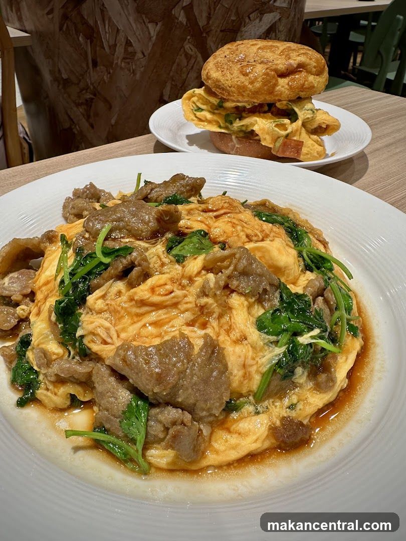 Omelette with Beef and Greens and a Burger