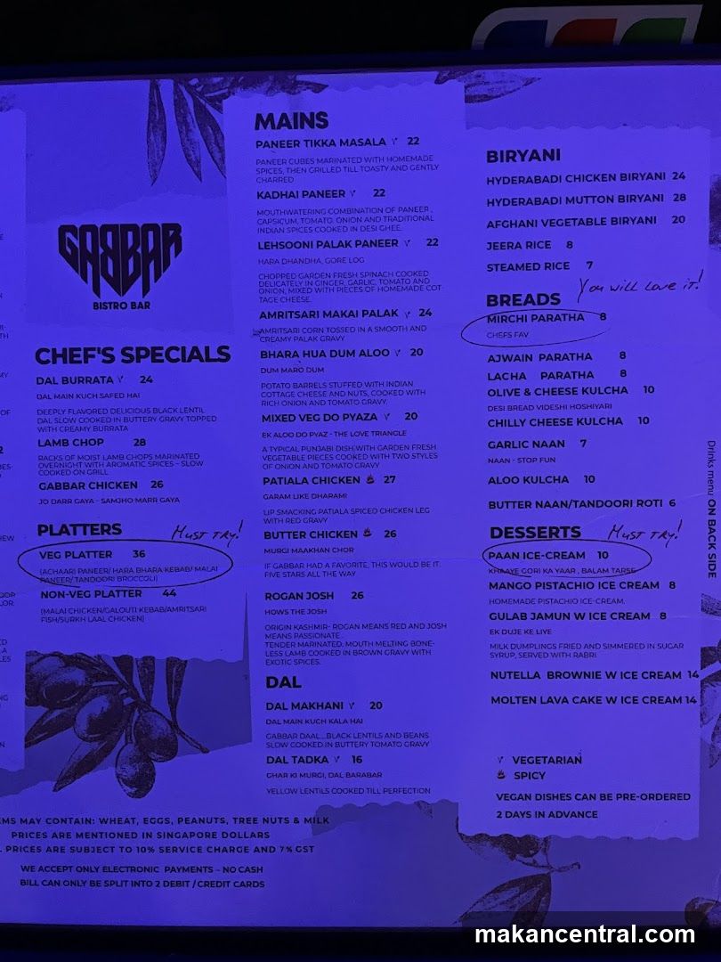 Gabbar Bistro Bar Menu