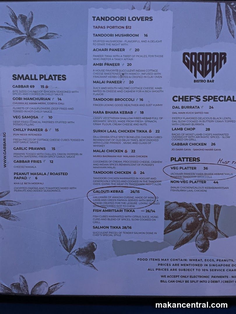 Gabbar Bistro Bar Menu