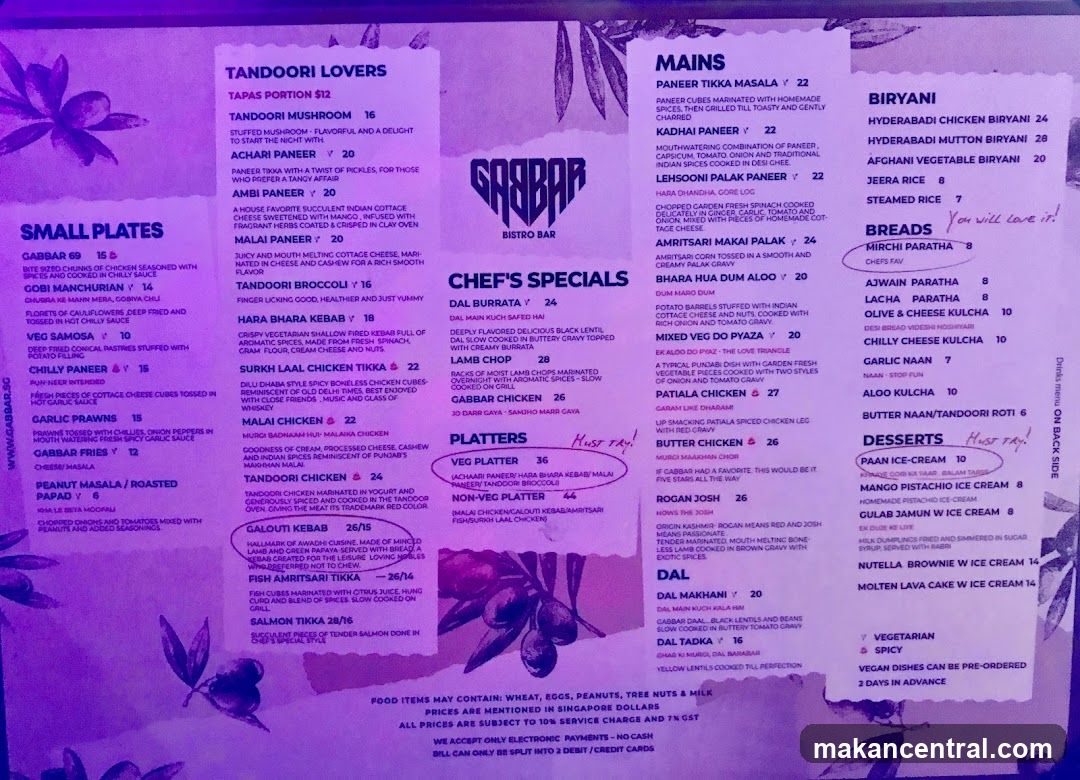 Gabbar Bistro Bar Menu