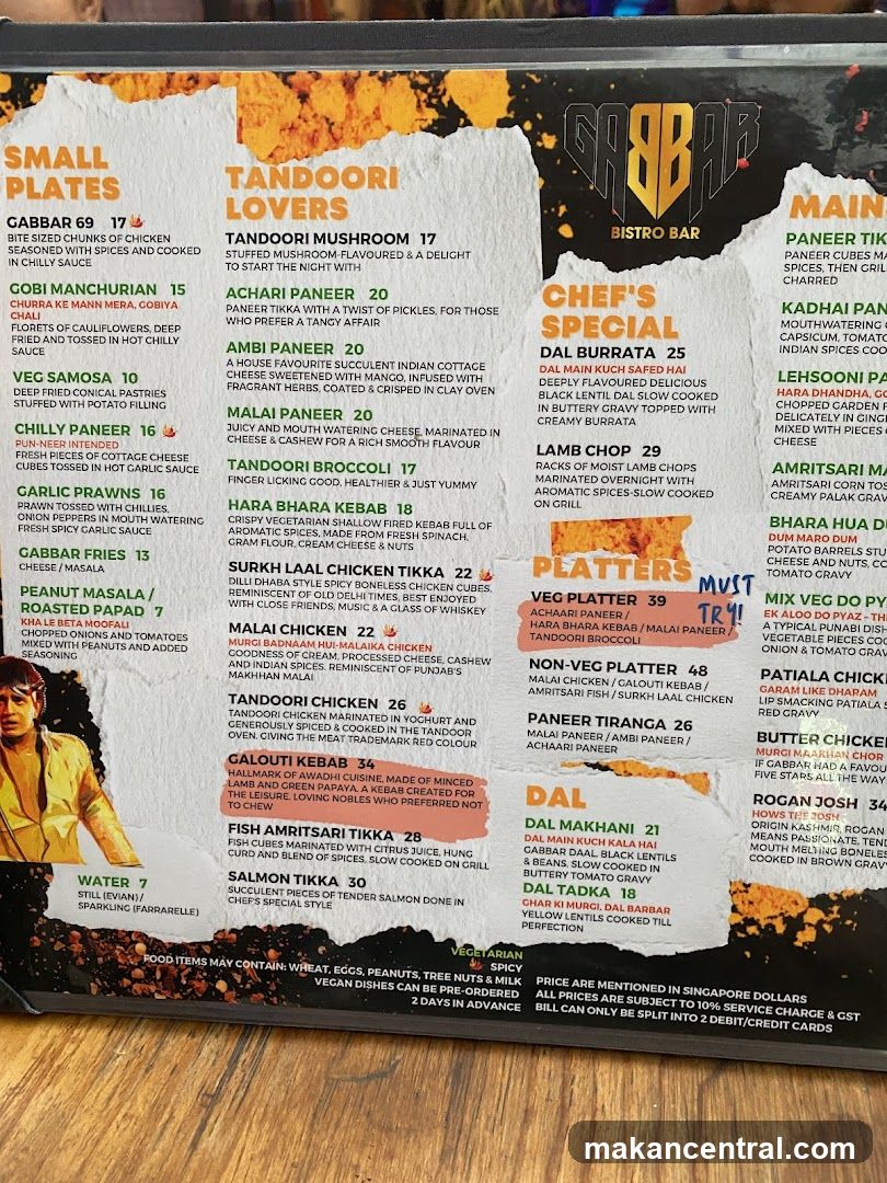 Gabbar Bistro Bar Menu