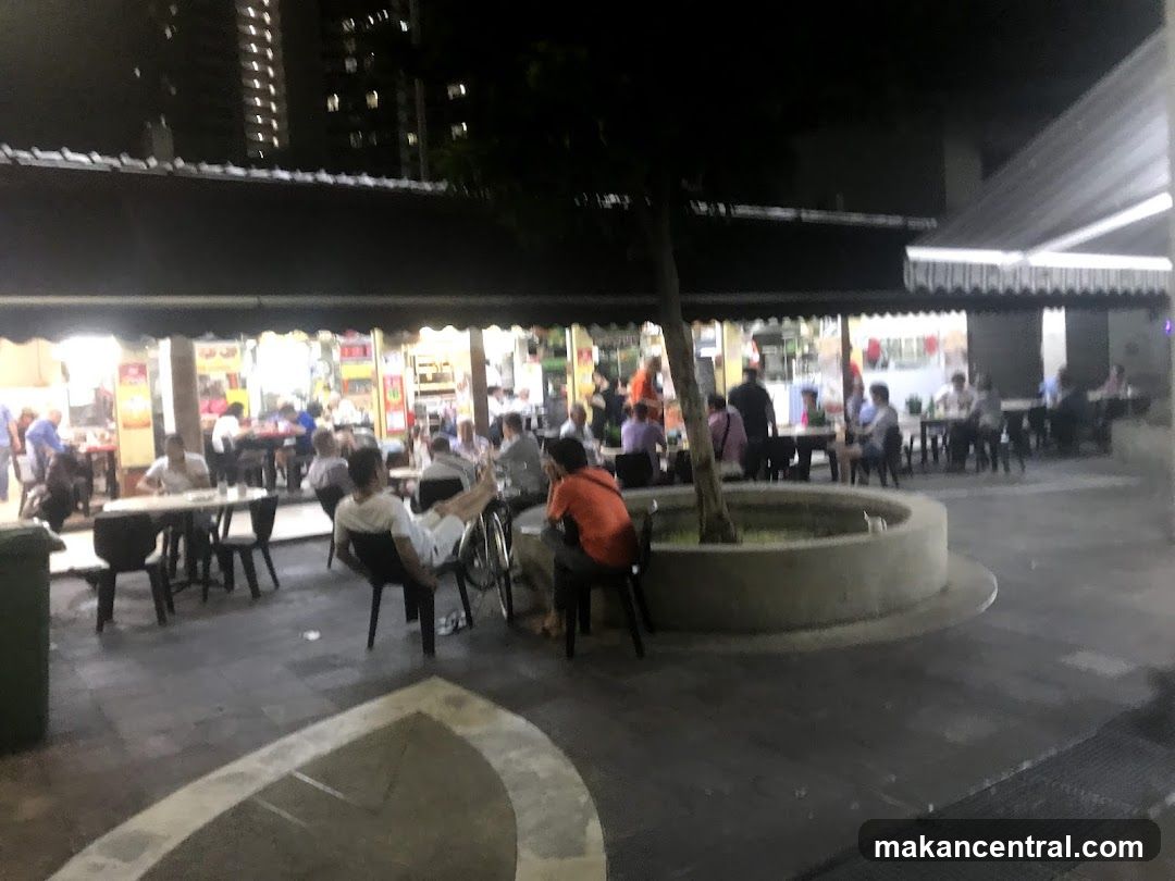 Outdoor dining area at night