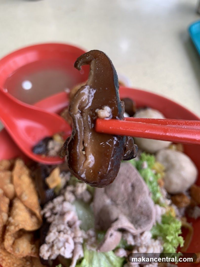 Close-up of a mushroom being held by chopsticks over a bowl of noodles