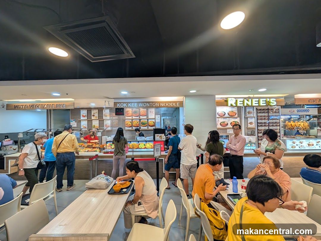 Food court with multiple stalls and diners