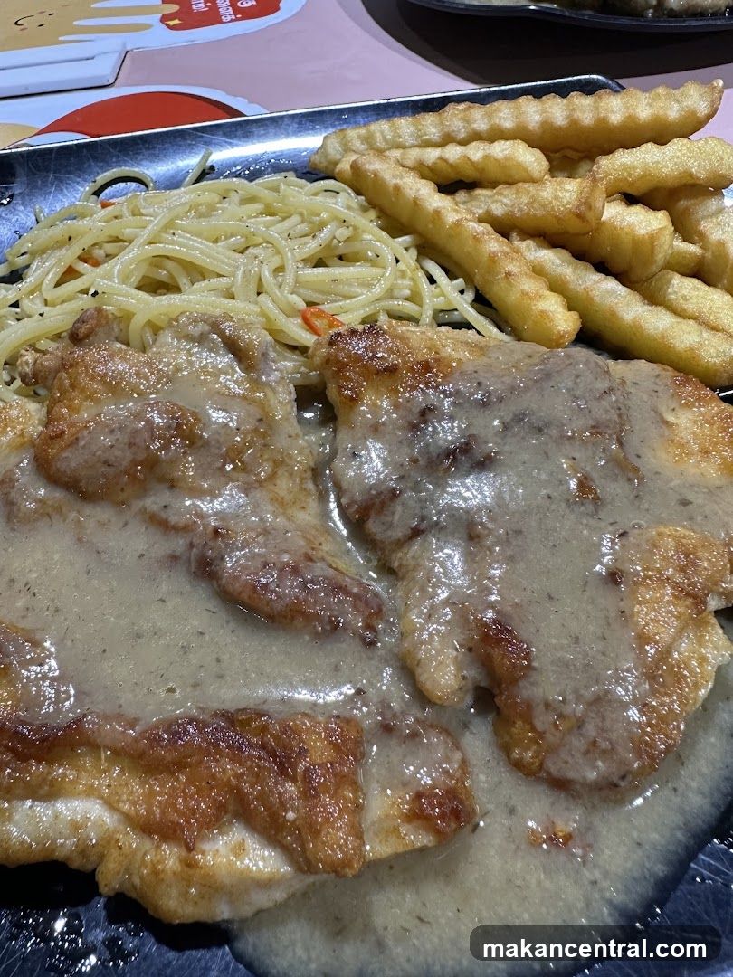 Chicken with Spaghetti and Fries