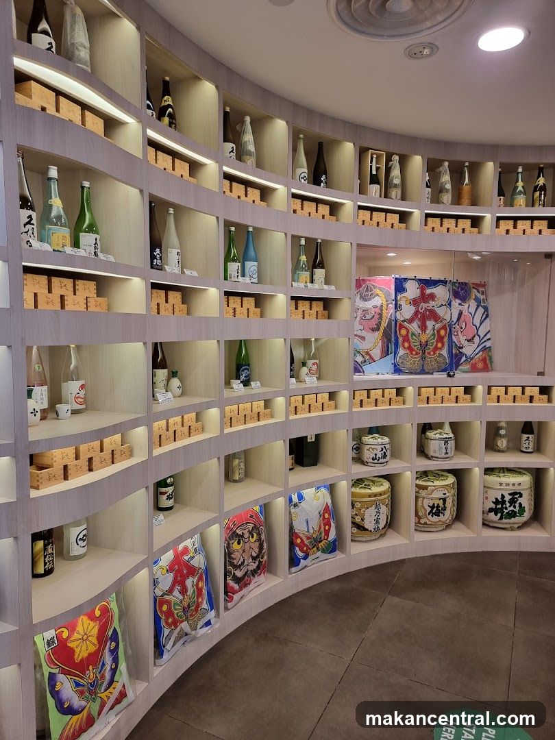 Sake bottles and decorative items on shelves
