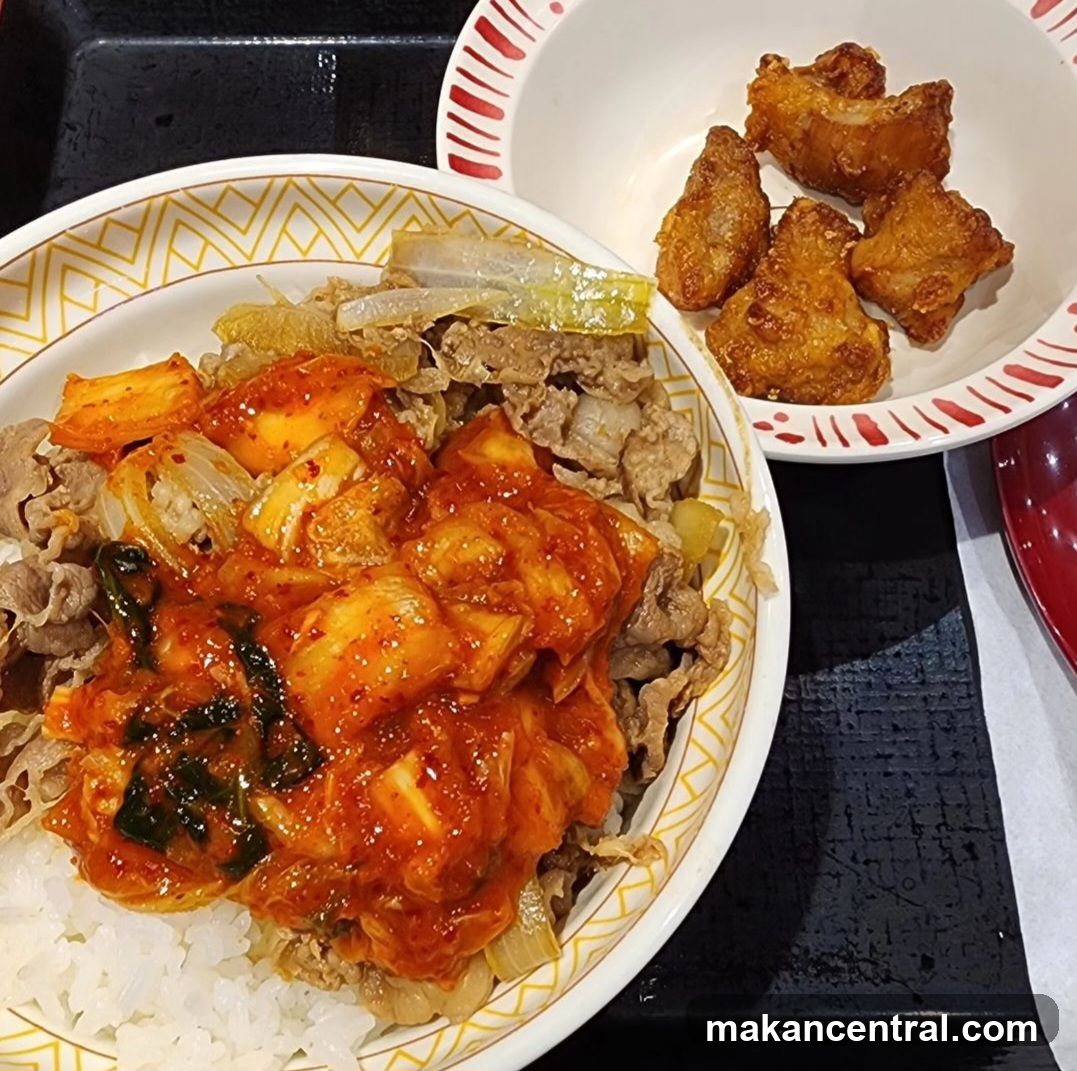 Beef and Kimchi Rice Bowl with Fried Chicken