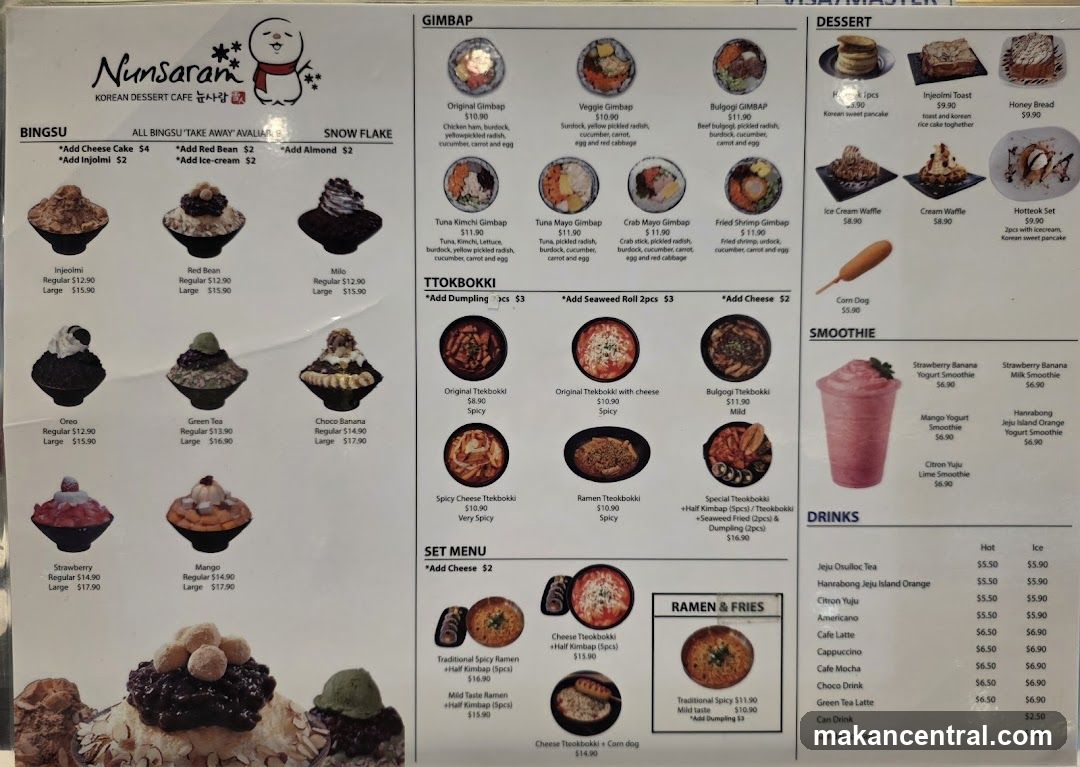 Nunsaran Korean Dessert Cafe Menu