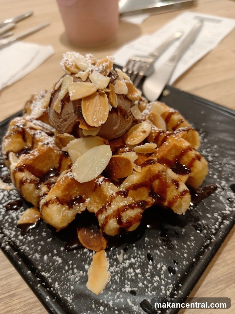 Waffle with Ice Cream and Almonds