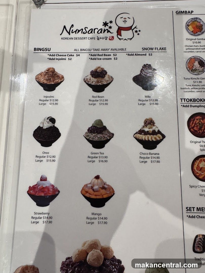Nunsaram Korean Dessert Cafe Menu