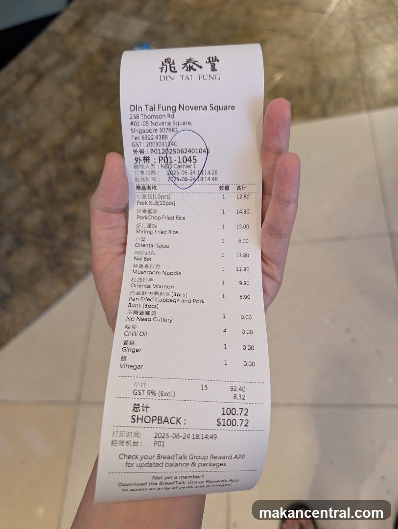 Din Tai Fung Novena Square Receipt