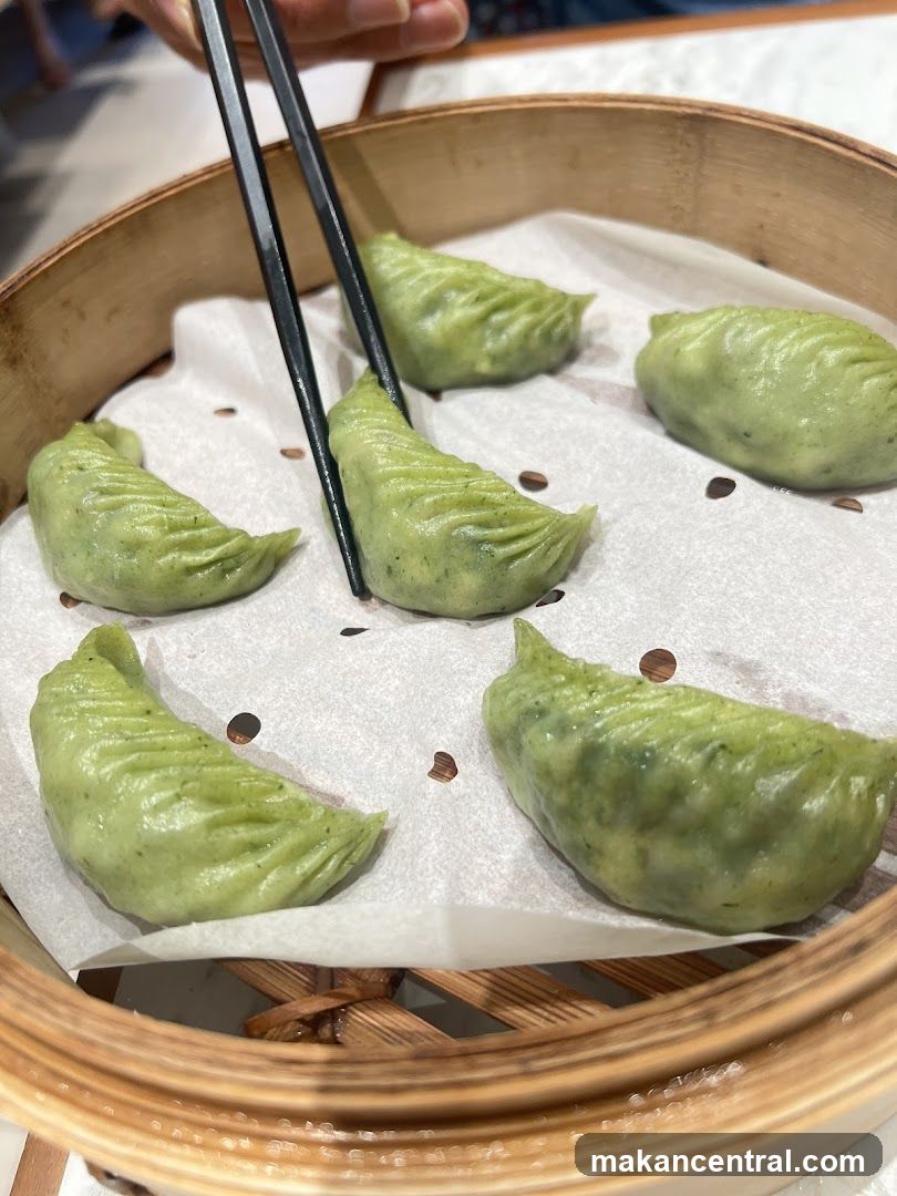 Green Dumplings in a Steamer Basket