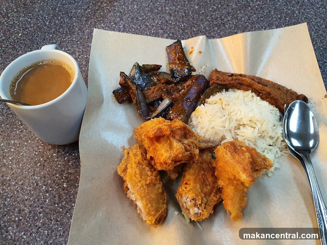 Fried Chicken and Eggplant Meal with Coffee