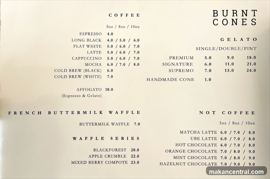 Burnt Cones Menu