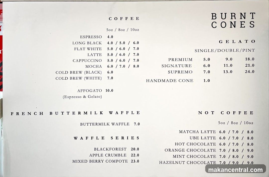 Burnt Cones Menu