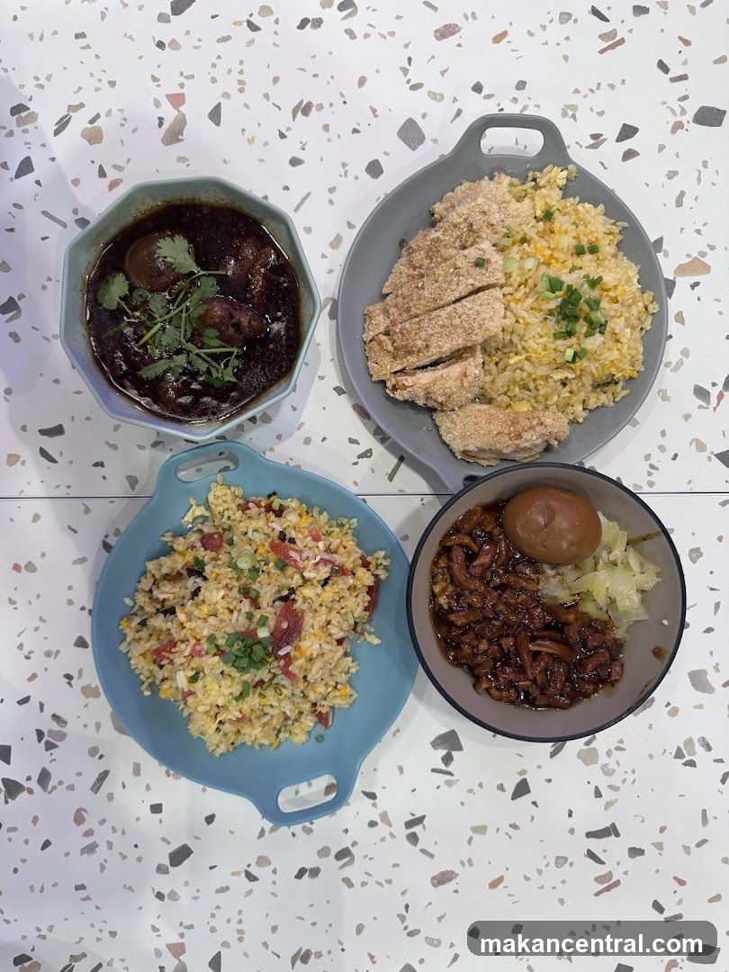 Four dishes on a speckled table