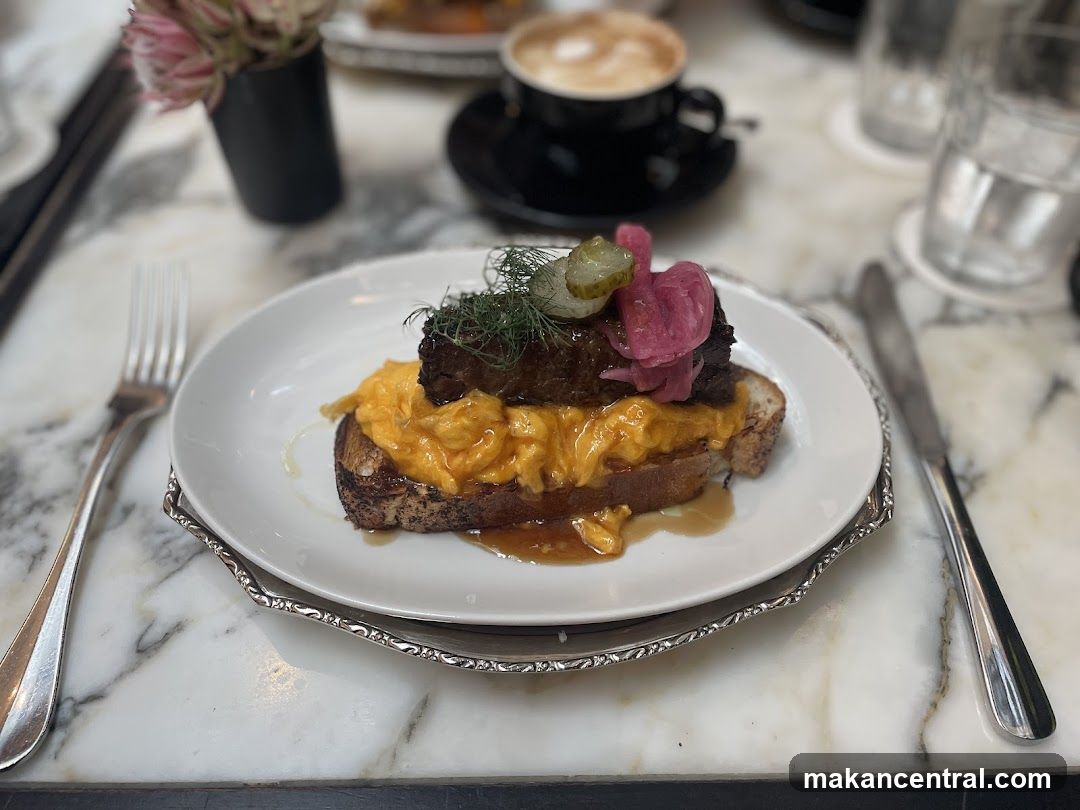 Scrambled Eggs on Toast with Meat and Pickles