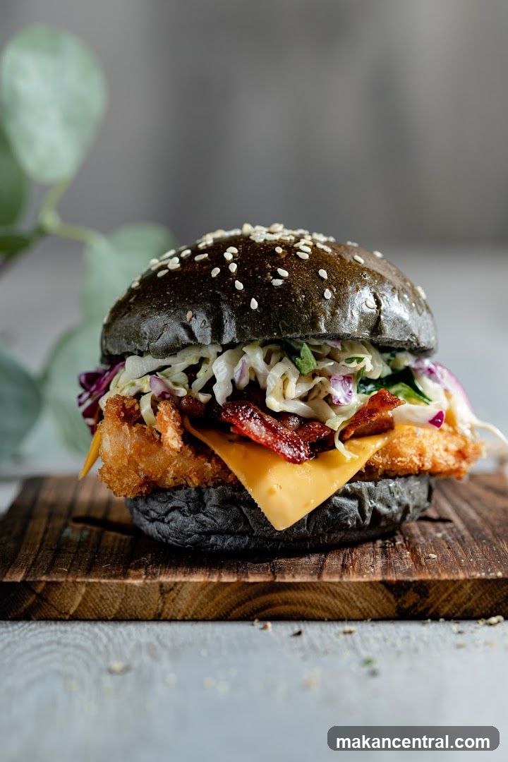 Black Burger with Crispy Chicken and Bacon