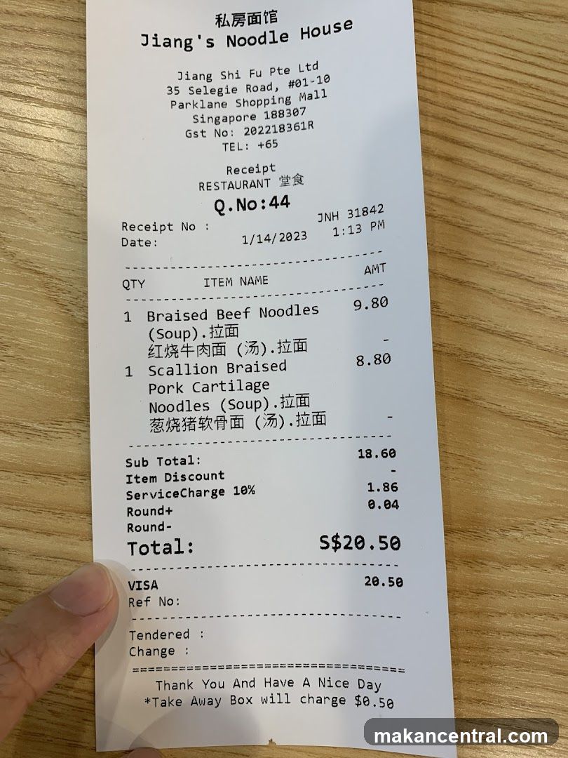 Jiang's Noodle House Receipt