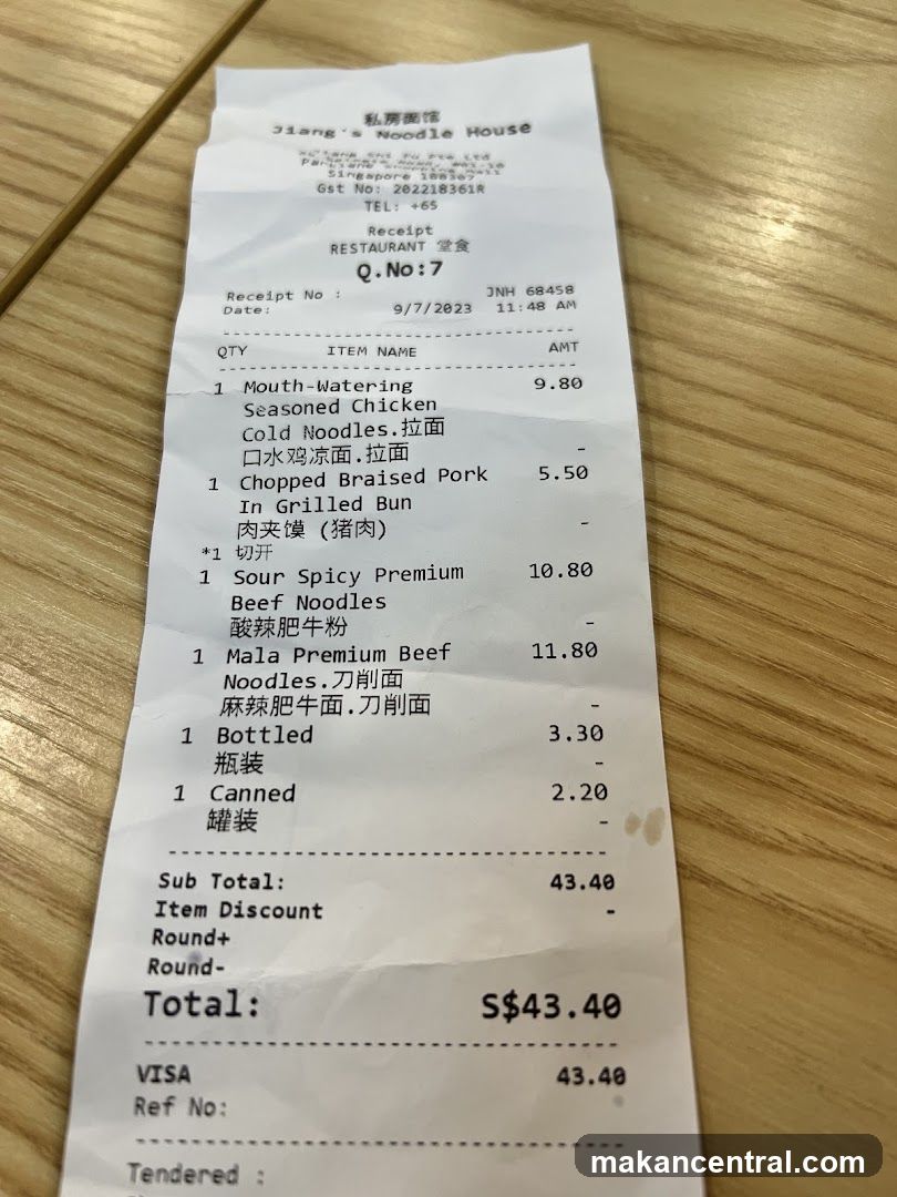 Jiang's Noodle House Receipt
