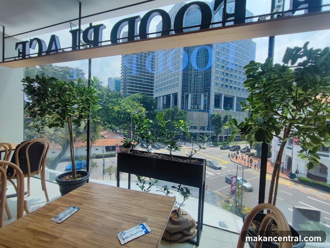 Interior view of a restaurant with city view
