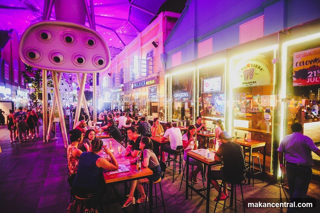 Outdoor dining area at night