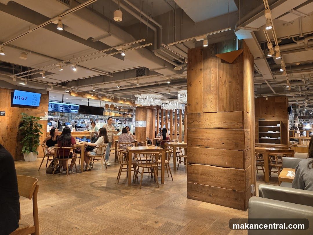 Interior of a cafe with wooden accents