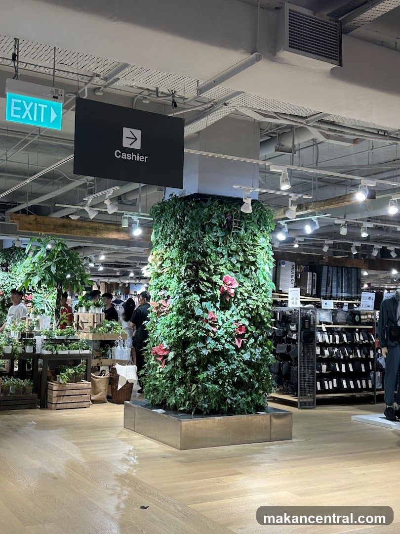 Indoor store with plants and cashier sign
