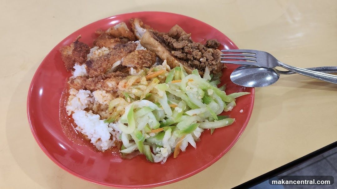 Rice Plate with Fried Items and Vegetables