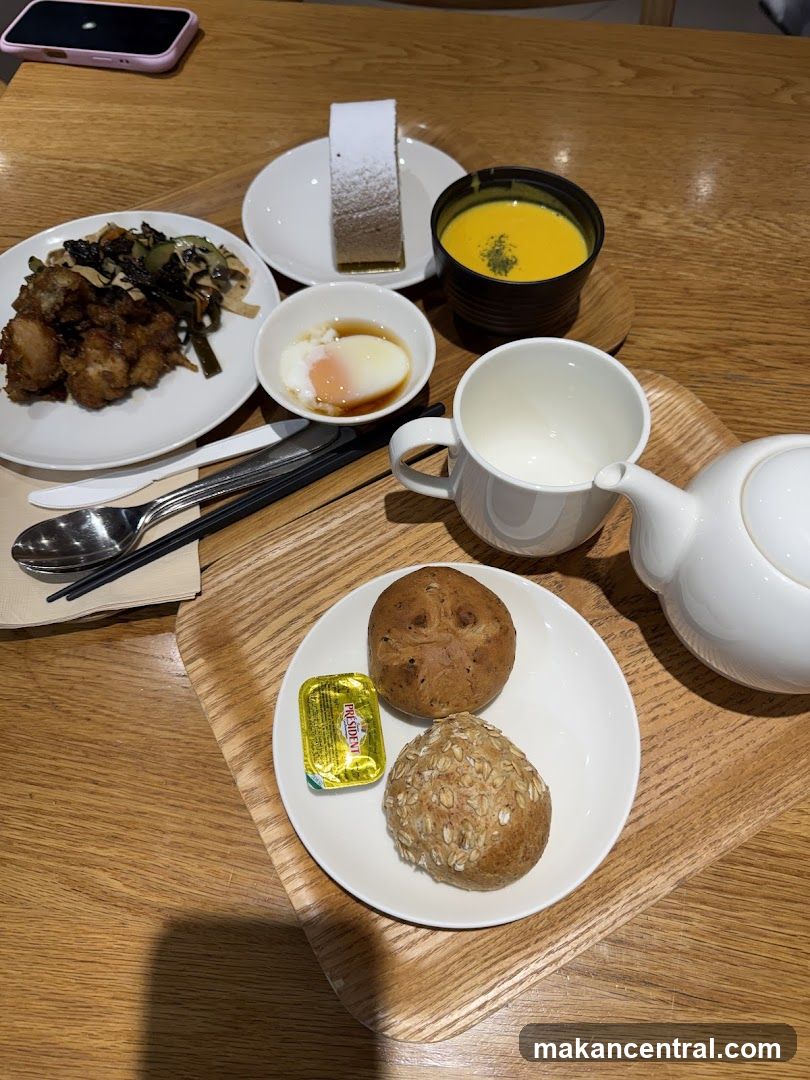 Meal with Soup, Cake, and Bread