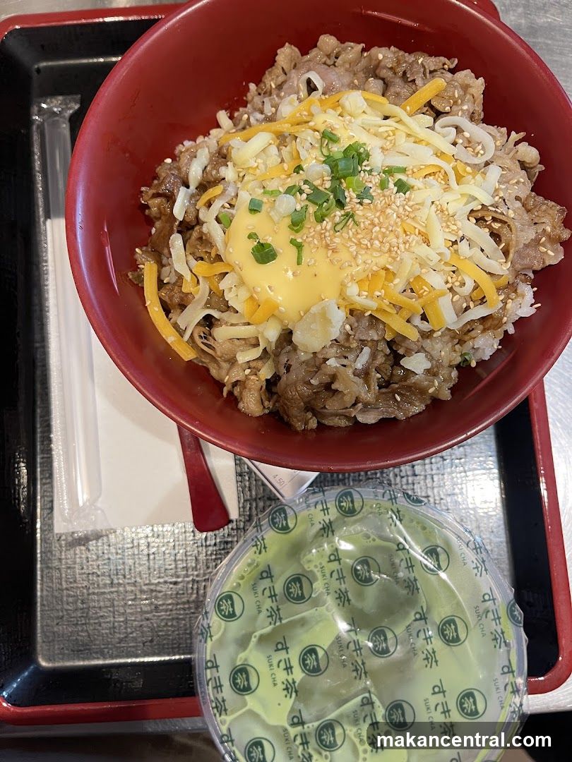 Beef and Cheese Rice Bowl with Matcha Drink