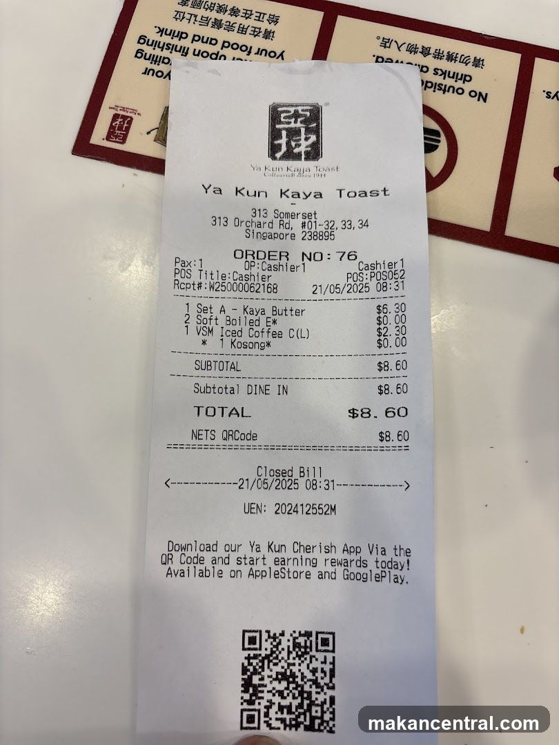 Receipt from Ya Kun Kaya Toast