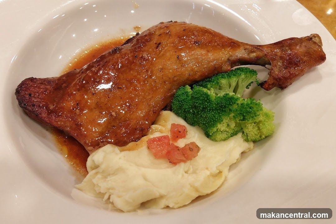 Roasted Duck Leg with Mashed Potatoes and Broccoli