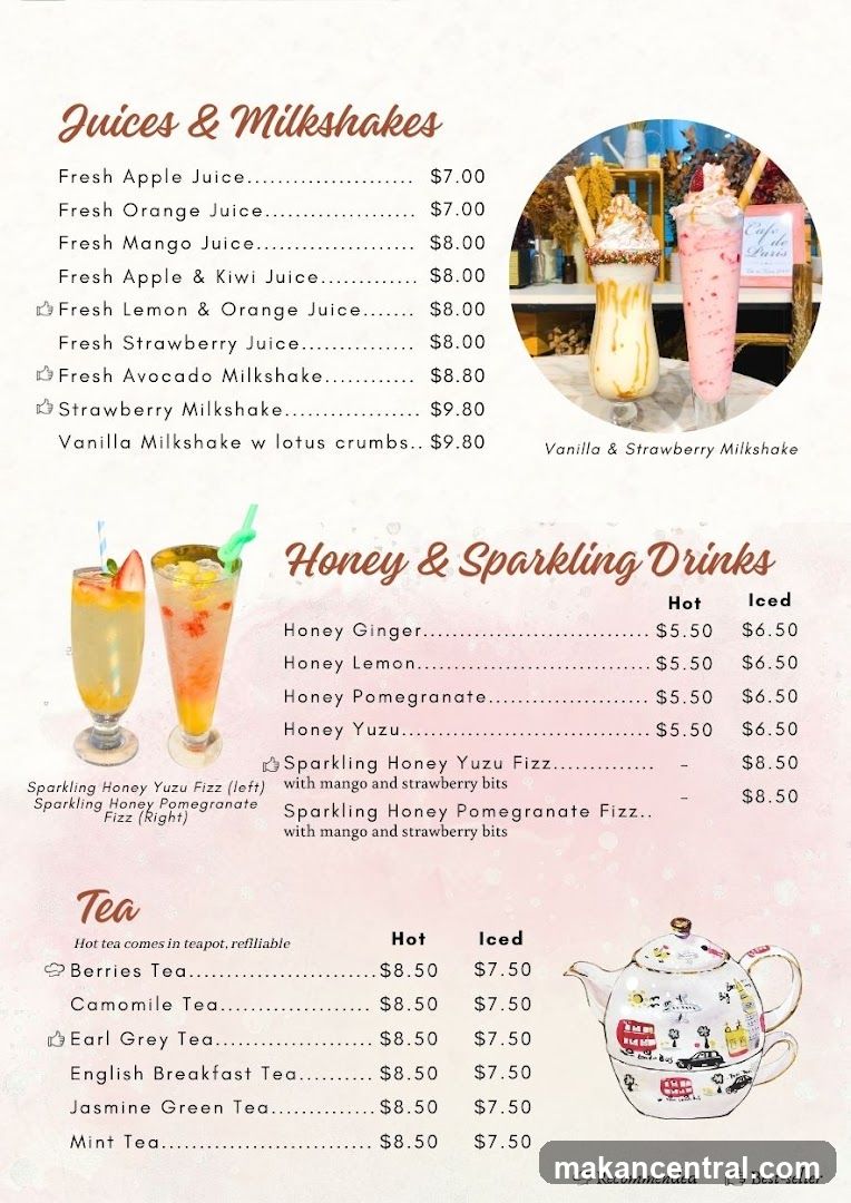 Juices & Milkshakes, Honey & Sparkling Drinks, Tea