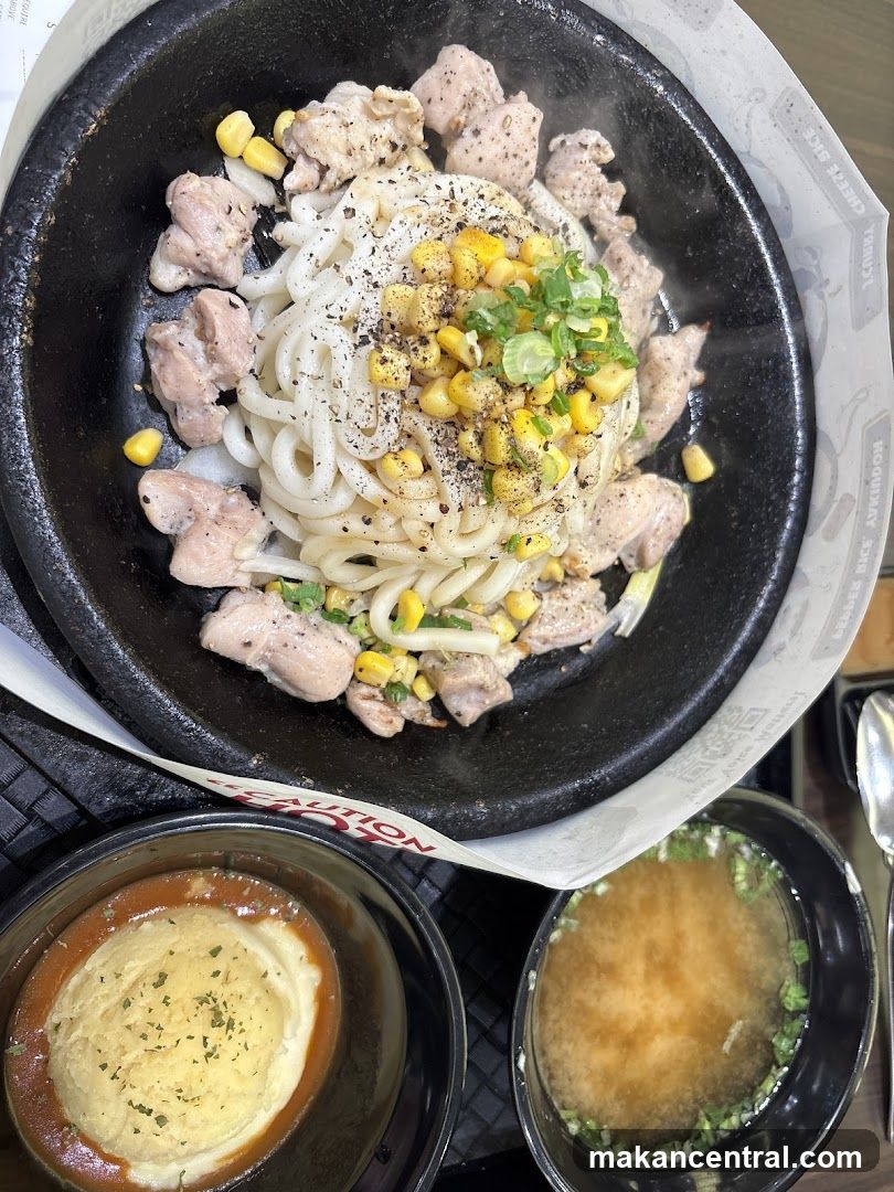 Sizzling Udon with Chicken and Corn