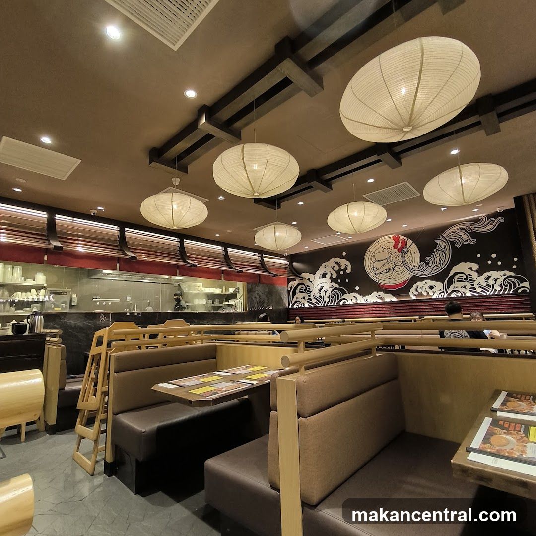 Restaurant Interior with Booths and Japanese-Inspired Decor