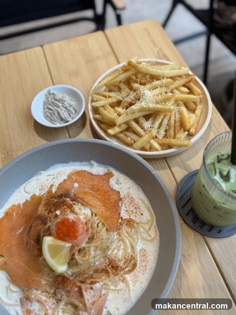 Creamy Salmon Pasta and Fries