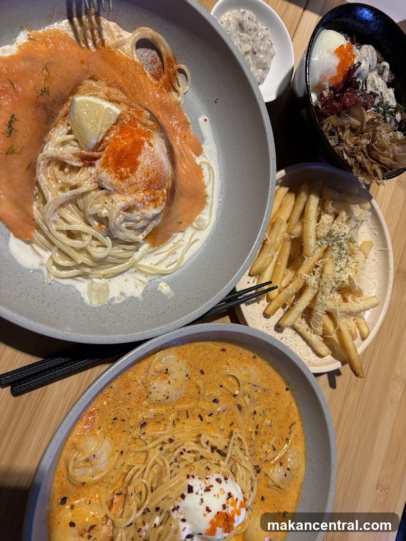 Three Pasta Dishes and Fries
