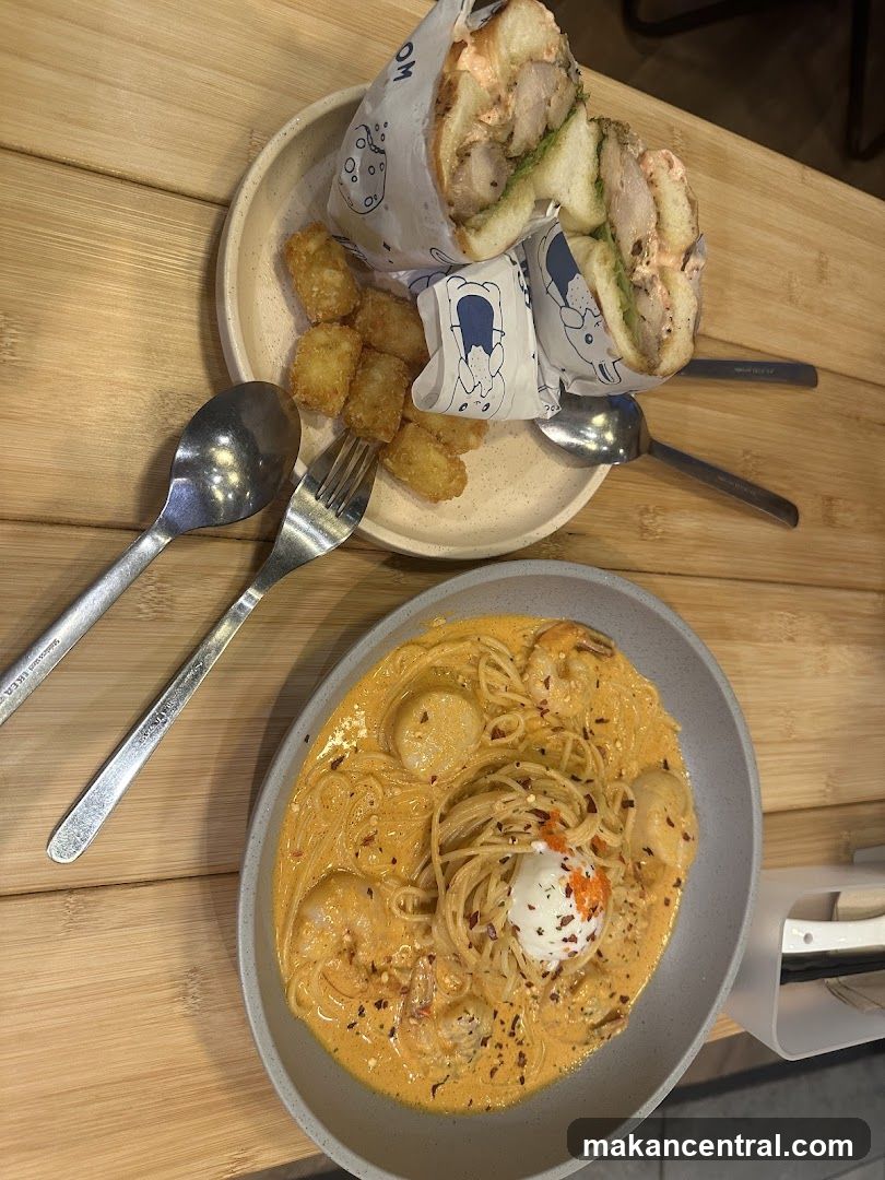 Seafood Pasta and Sandwich