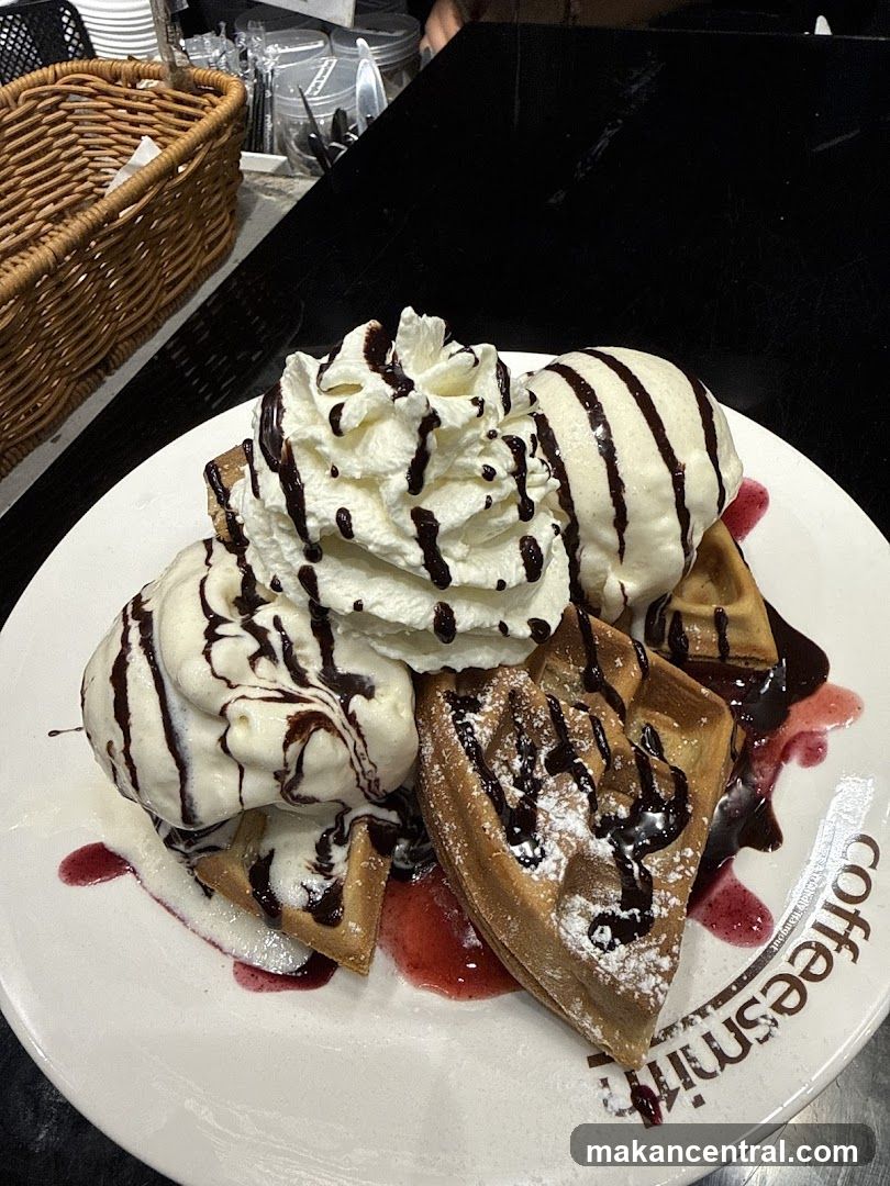 Waffles with Ice Cream and Chocolate Sauce