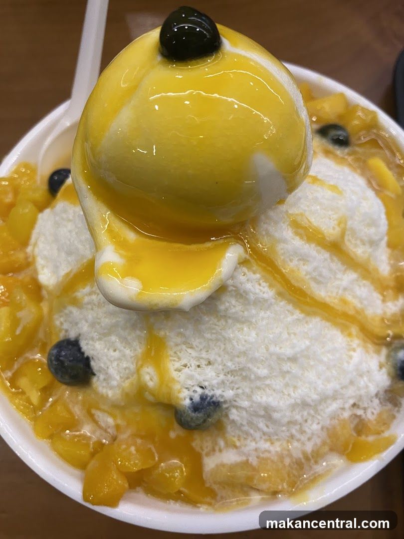 Mango shaved ice with blueberries and ice cream