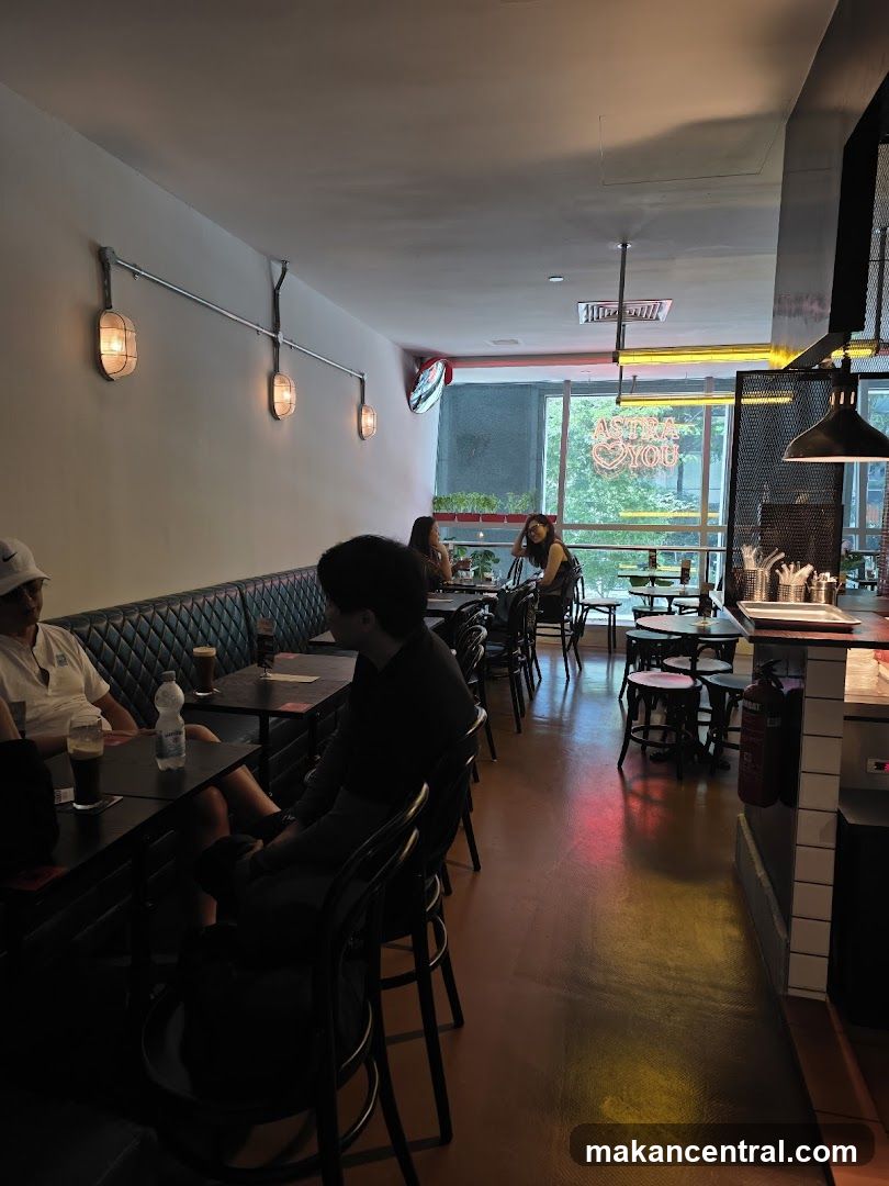 Interior of a dimly lit cafe with patrons