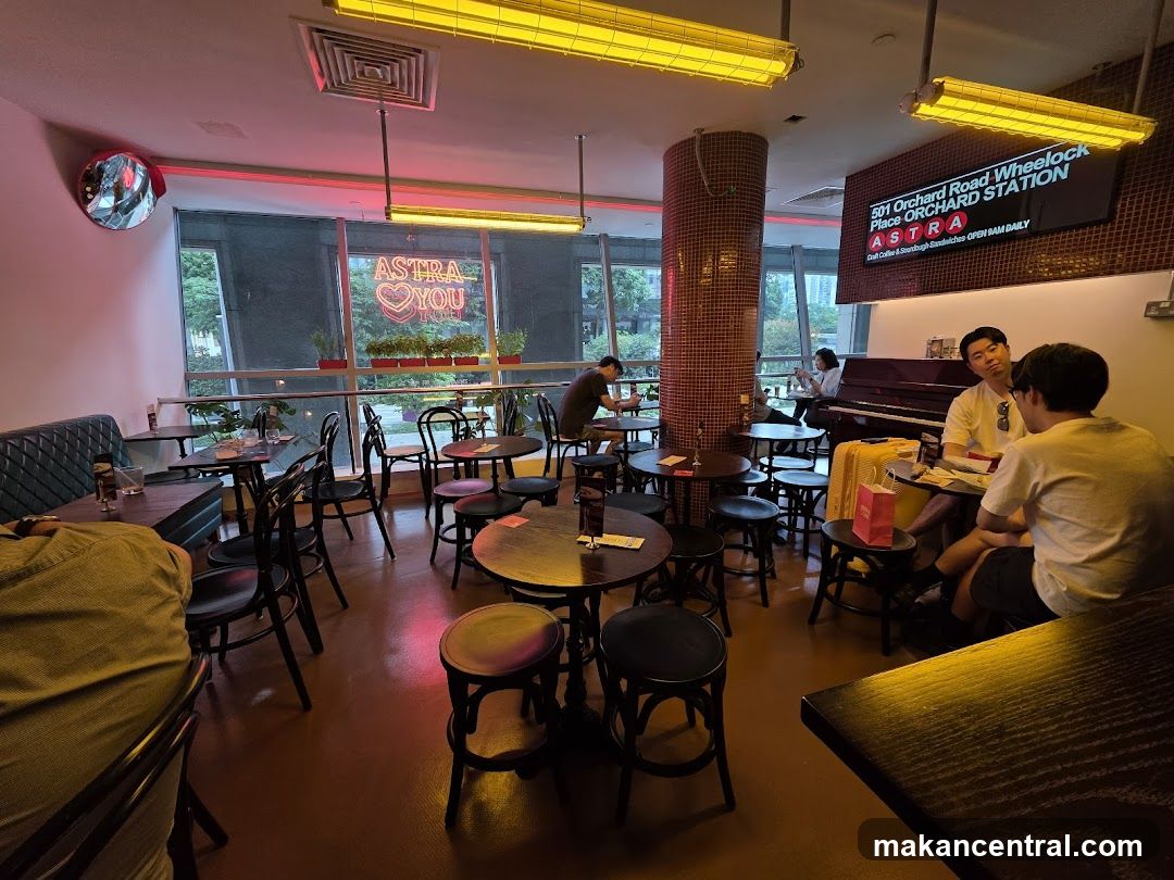 Interior of a cafe with patrons and a piano