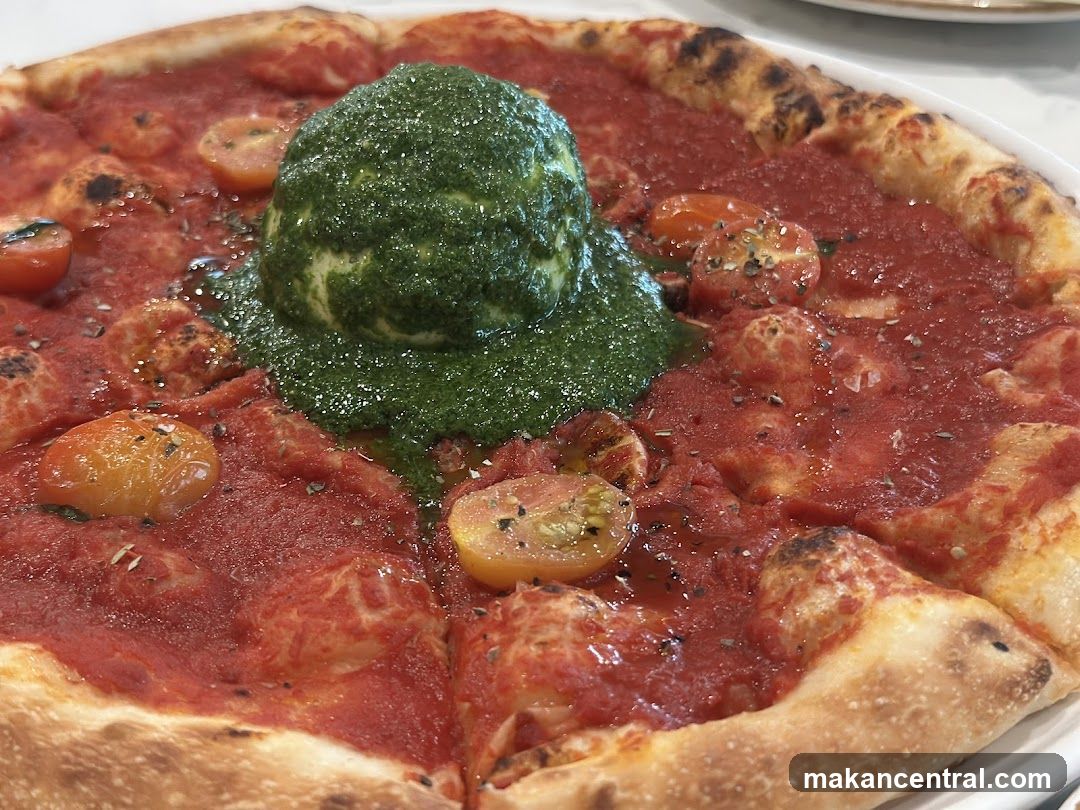 Pizza with Tomato Sauce and Pesto