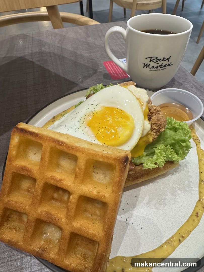 Waffle Sandwich with Fried Egg and Coffee