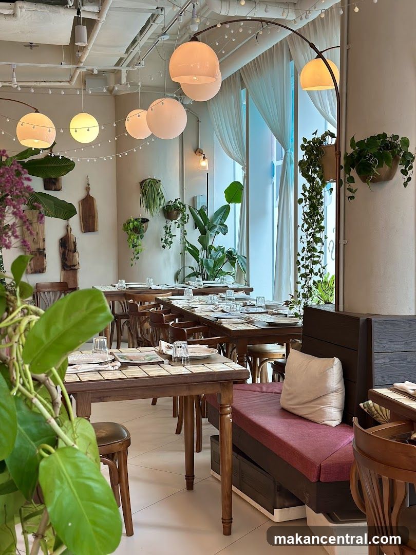 Restaurant Interior with Plants and Lights