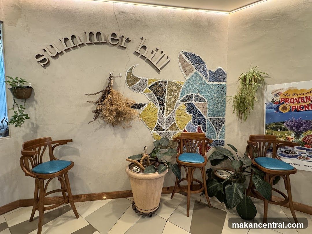 Interior seating area with mosaic bull art